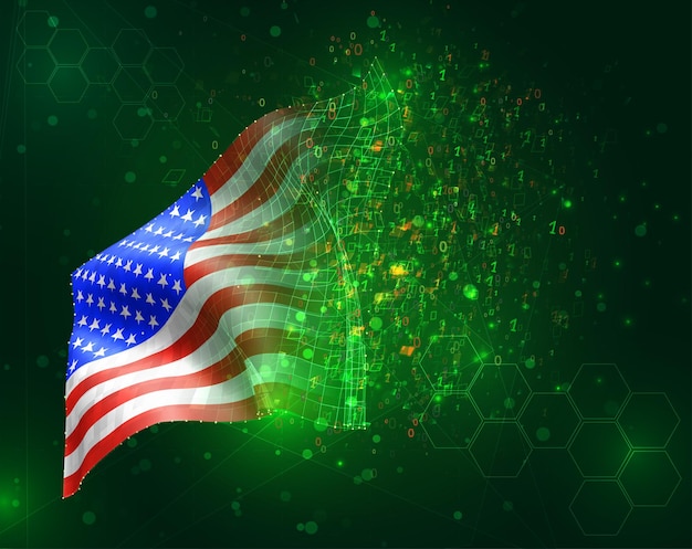 Usa, america, vector 3d flag on green background with polygons and data numbers