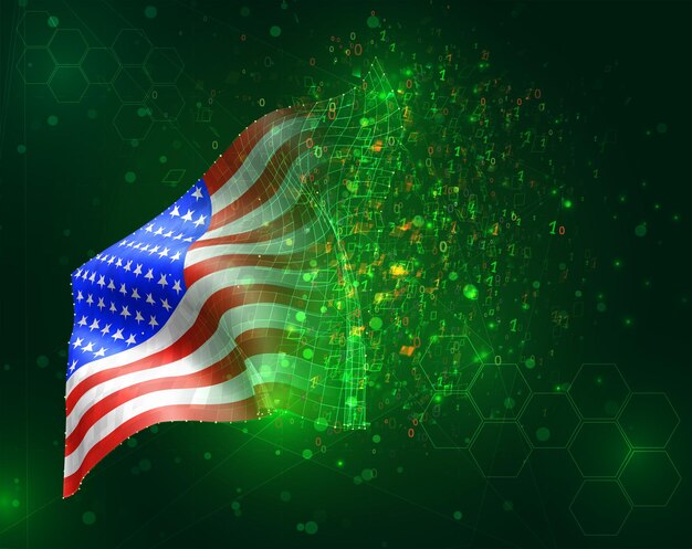 Usa, america, vector 3d flag on green background with polygons and data numbers