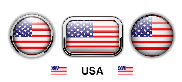 USA, American flag buttons, 3d shiny vector icons.