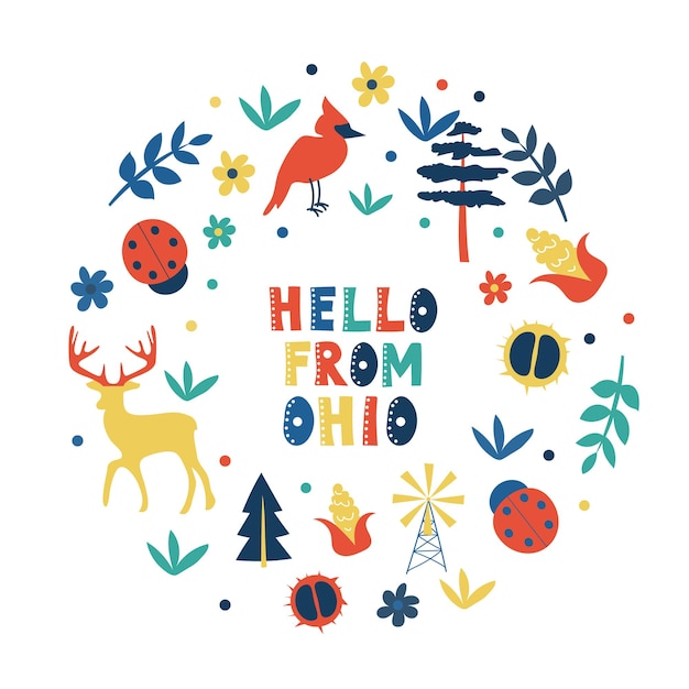 USA collection. Hello from Ohio theme. State Symbols round shape card