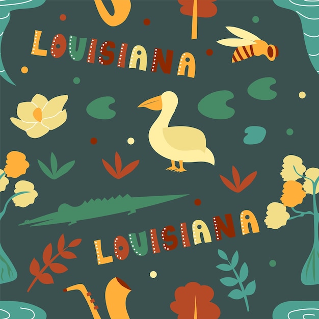 USA collection. Vector illustration of Louisiana theme. State Symbols - seamless pattern