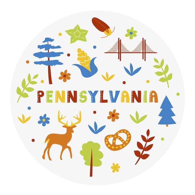 USA collection. Vector illustration of Pennsylvania theme. State Symbols - round shape