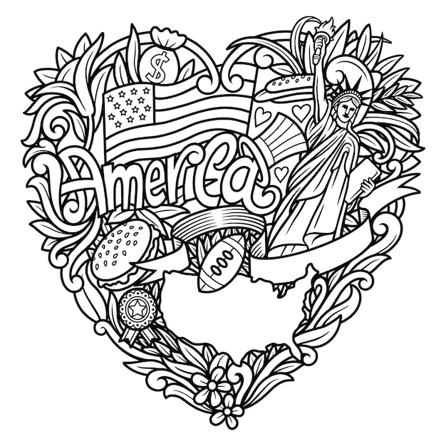 USA elements, America doodle drawing black and white for coloring book
