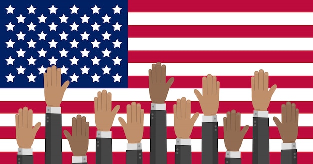 USA flag with hands in different colors reaching up. The US presidential Election illustration.