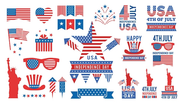 USA independence day bundle Flags red blue stars labels and banners Isolated american symbols vector set