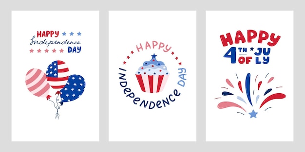 USA Independence day set of posters with hand drawn lettering and cartoon clipart Cute hand drawn national symbols of 4th July Firework balloons cupcake in colors of American flag