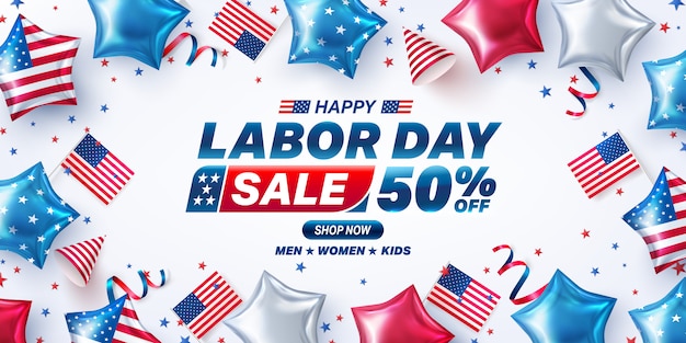 USA Labor Day Sale banner. USA labor day celebration with american balloons flag.Sale promotion advertising banner