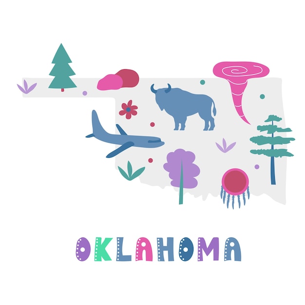 USA map collection. State symbols and nature on gray state silhouette - Oklahoma. Cartoon simple style for print