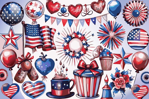 Vector usa national symbols for independence day 4th of july clipart vector illustrations in watercolors