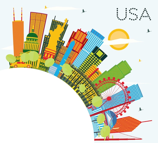 USA Skyline with Color Skyscrapers and Landmarks. Vector Illustration. Business Travel and Tourism Concept with Modern Architecture. Image for Presentation Banner Placard and Web Site.