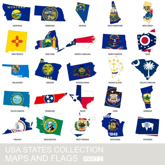 Vector usa state collection, maps and flags, part 2