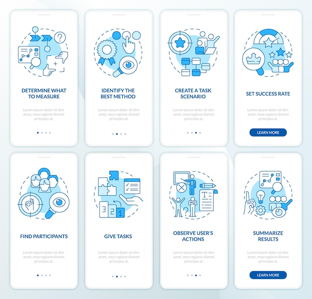 Usability test plan blue onboarding mobile app screen set