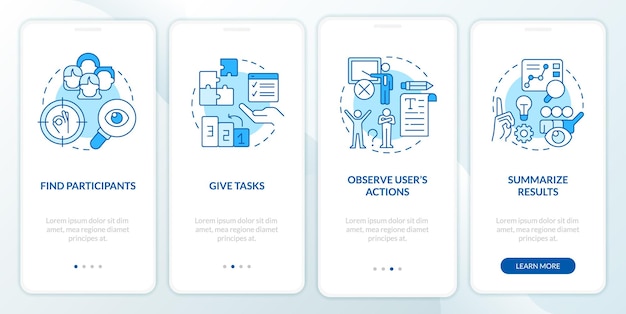 Usability testing tasks blue onboarding mobile app screen