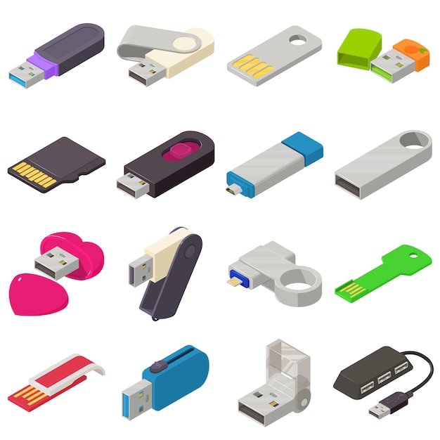 USB flash drive icons set. Isometric illustration of 16 USB flash drive vector icons for web