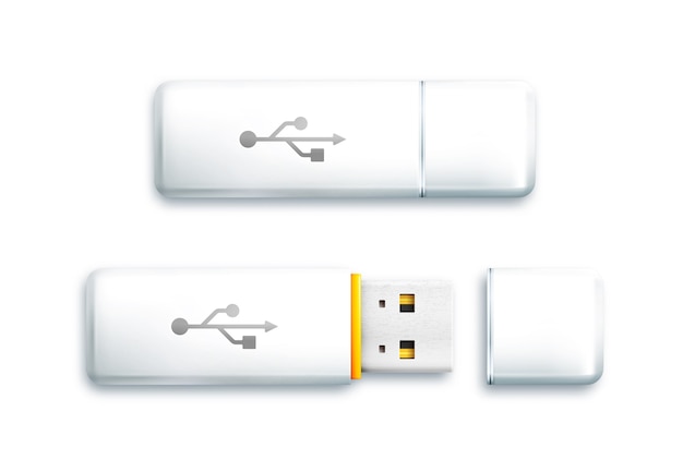 Vector usb flash drive on white background. open and closed white flash drive.