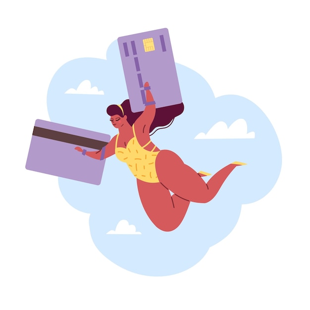 Use bank credit card maximum Sense financial freedom Woman flying on wings Traveling girl in bikini wasting money on summer beach vacation Purchase and cashless payments Vector concept