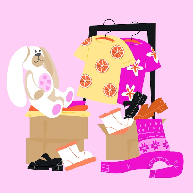 Used goods and clothes packed in boxes for charity flat vector illustration