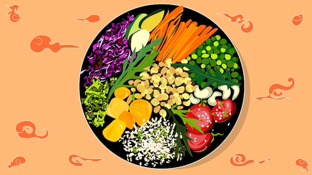 Useful and healthy food Fresh vegetables and herbs tomatoes and beans with sesame improve your health