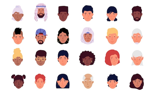 User avatar Cartoon men and women modern icons Human portraits for social media network Minimal heads with accessory headwear and hairstyle Brunettes and blondes vector faces set