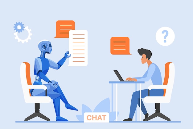 Vector user and chat bot conversation chatgpt tiny man sitting at computer desk to type text