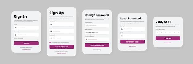 Vector user form login registration change password reset and verify code interface elements design