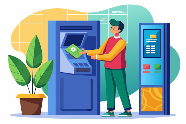 Vector a user interacts with an atm to withdraw money set against a vibrant backdrop of geometric shapes and indoor plants emphasizing urban finance and banking activities