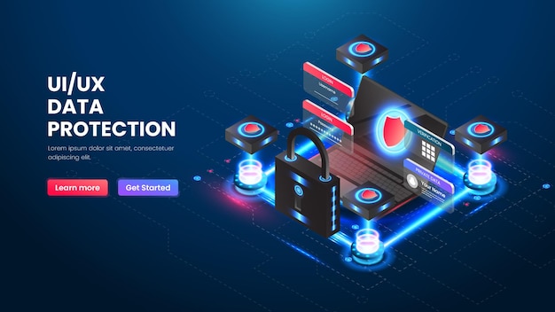 User interface data protection isometric technology and blue background