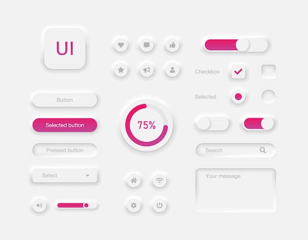 User interface elements for desktop or mobile app Set of buttons and sliders in neumorphic style