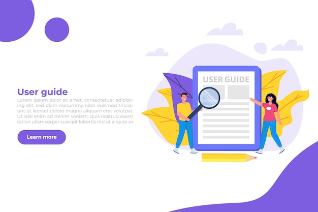 User manual  flat style concept. People with guide instruction are discussing about content of handbook. Vector illustration.