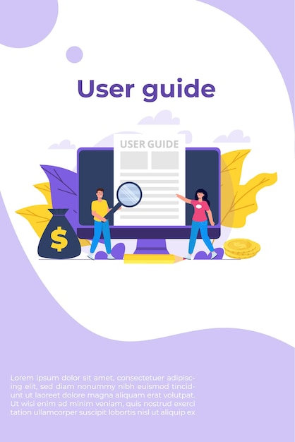 User manual  flat style concept. People with guide instruction are discussing about content of handbook. Vector illustration.