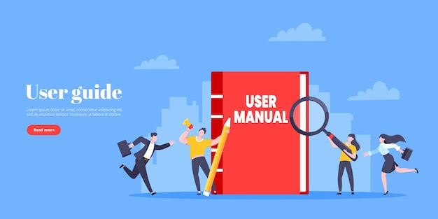 User manual guide book flat style design vector illustration Tiny people and guidance manual