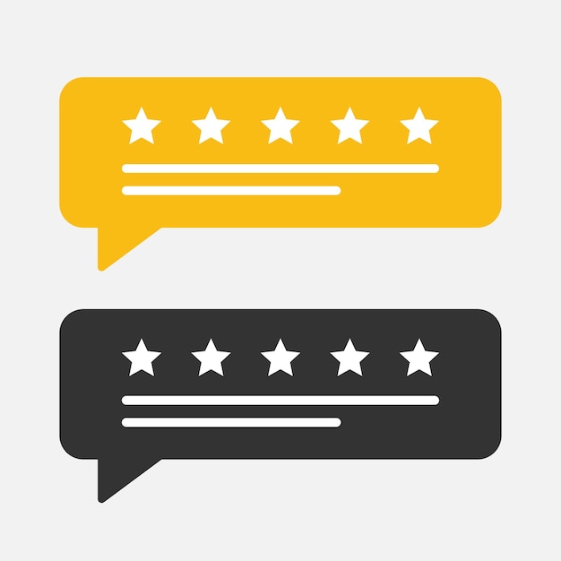 User review rating five stars in speech bubble isolated flat design vector illustration on white background