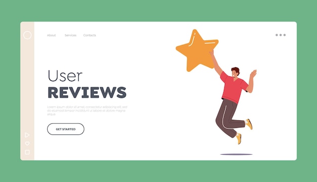 User Reviews Landing Page Template Cheerful Male Character Holding Huge Golden Star Feedback Recommendation Rate