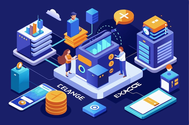 Vector users engage with a digital platform to exchange currency and manage data in an isometric style fast exchange systems website isometric landing page templatesys