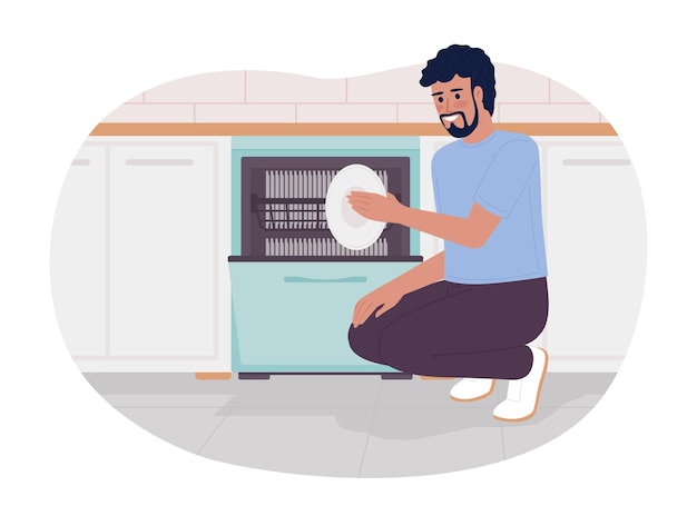 Using energy efficient dishwasher 2D vector isolated spot illustration