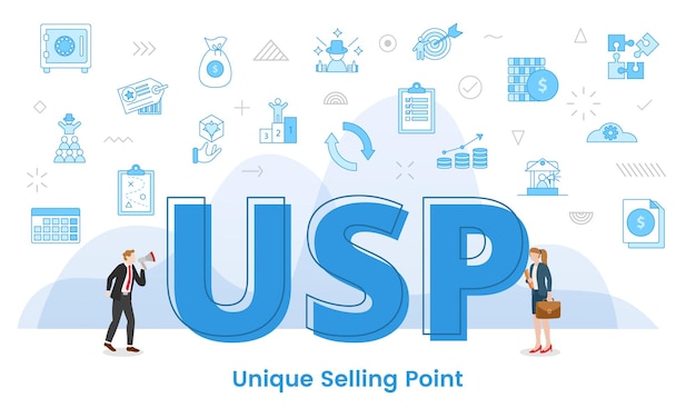 Usp unique selling point concept with big words and people surrounded by related icon with blue color style