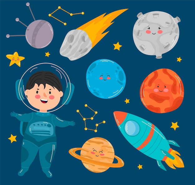 Ute astronaut cartoon style vector illustration Cartoon cosmonaut boy in spacesuit Planets of Solar System