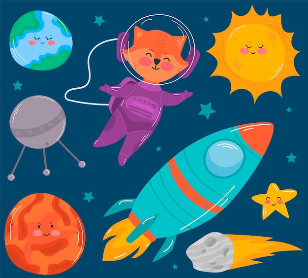 Ute astronaut cartoon style vector illustration Cartoon cosmonauts fox in space suit Planets of Solar System