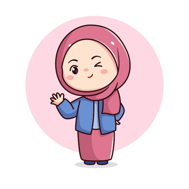 Ute hijab girl waving hand with blue and pink dress