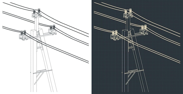 Vector utility pole power lines technical drawings