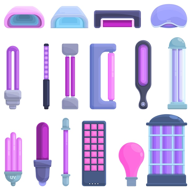 UV lamp icons set. Cartoon set of UV lamp icons