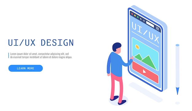 UX UI design concept with character and text place Man working on a design project Web banner Vector illustrationxA