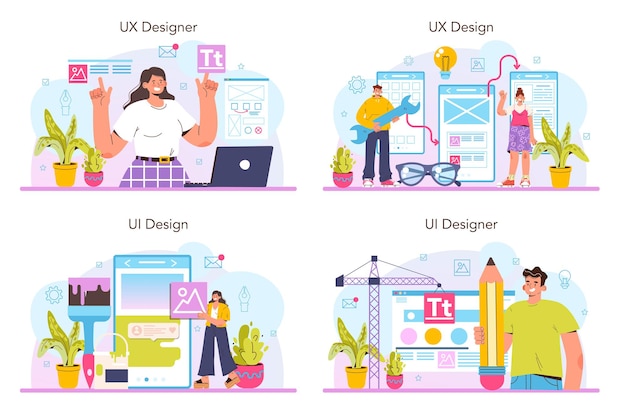 Vector ux and ui designer concept set. app interface improvement. user interface design and user experience development. modern digital design industry. flat vector illustration