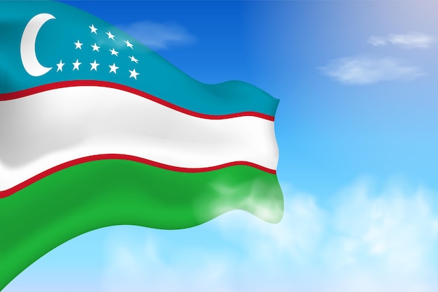 Uzbekistan flag in the clouds. Vector flag waving in the sky. National day realistic flag