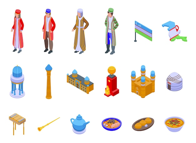 Vector uzbekistan icons set isometric vector national flag