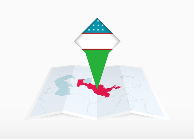 Uzbekistan is depicted on a folded paper map and pinned location marker with flag of Uzbekistan.