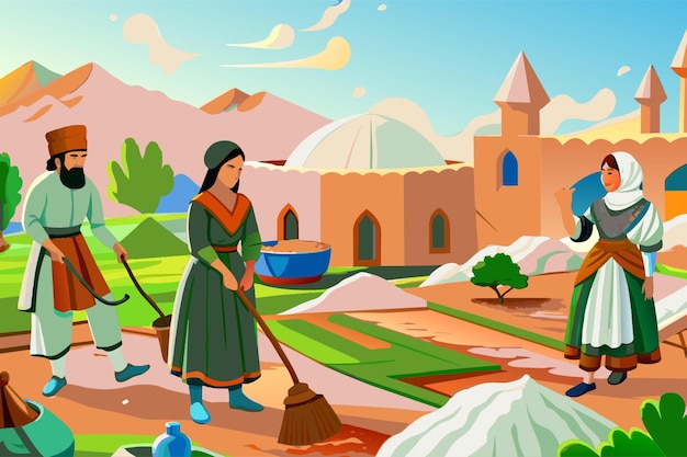 Vector uzbeks in ancient uzbekistan on navruz clean yards near houses paint the walls of houses decorate