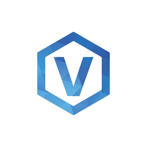 V letter with hexagon shape polygon logo monogram design in blue color vector eps