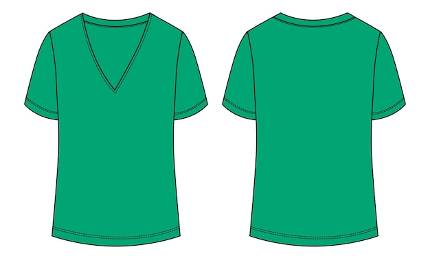 V Neck T shirt Technical fashion flat sketch vector illustration green color template for ladies