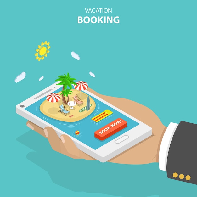 Vacation booking flat isometric concept.